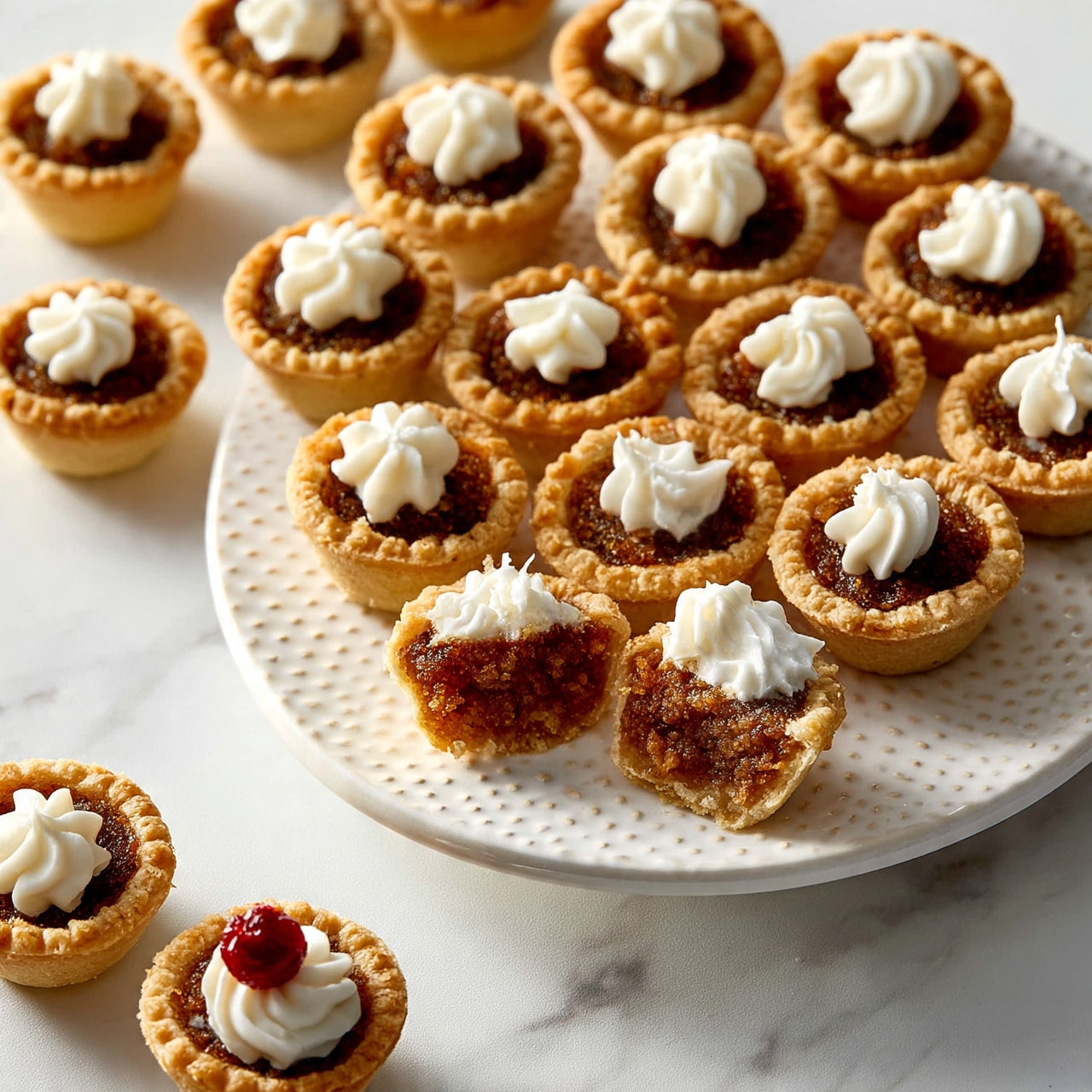 square image A white plate with a dotted texture holds around a dozen mini pies arranged close together, each mini pie showing a golden-brown crust around a dark brown filling. Some pies feature a small swirl of white whipped cream on top, soft and creamy with slight peaks. One mini pie in the front is opened, revealing a moist, slightly crumbly brown filling inside, topped with whipped cream. Outside the plate on a white marbled surface, there are three more mini pies, two with whipped cream, one with whipped cream and a small red berry on top. The photo is taken with an iphone --ar 4:5 --v 7
