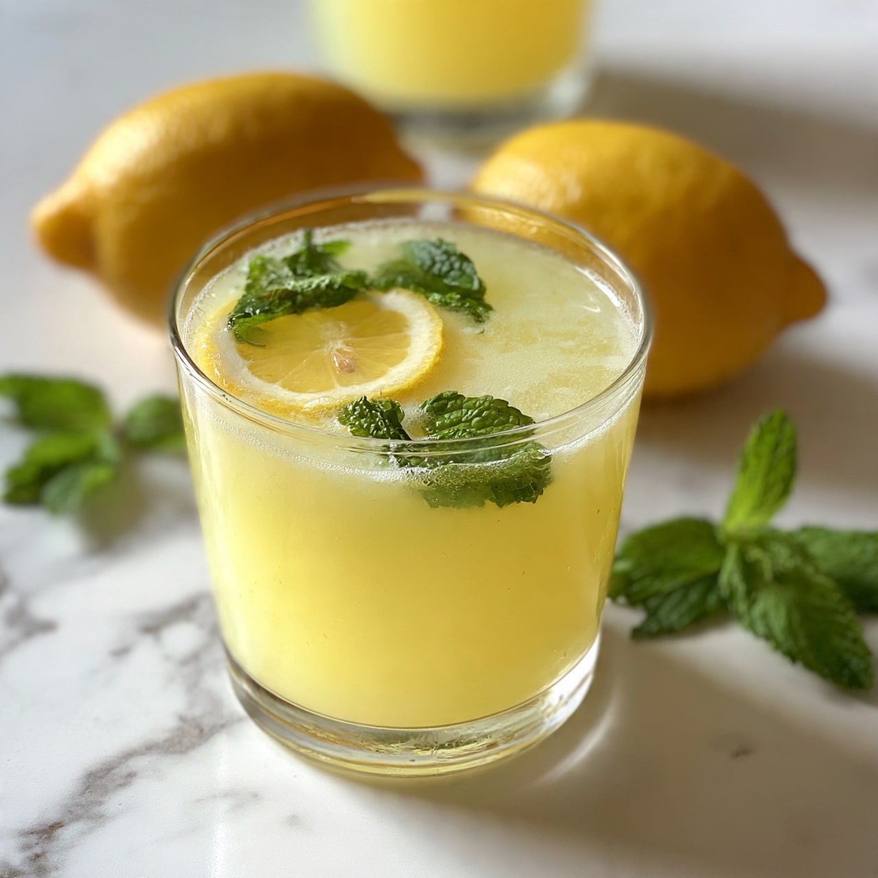 square image The image shows a clear glass filled with a light yellow drink, topped with a small lemon slice and green mint leaves floating on the surface. There are two whole bright yellow lemons placed on a white marbled background behind the glass, and some fresh green mint leaves scattered nearby. The glass has a simple, smooth texture and sits on the white marbled surface, with another partially visible glass in the background. photo taken with an iphone --ar 4:5 --v 7