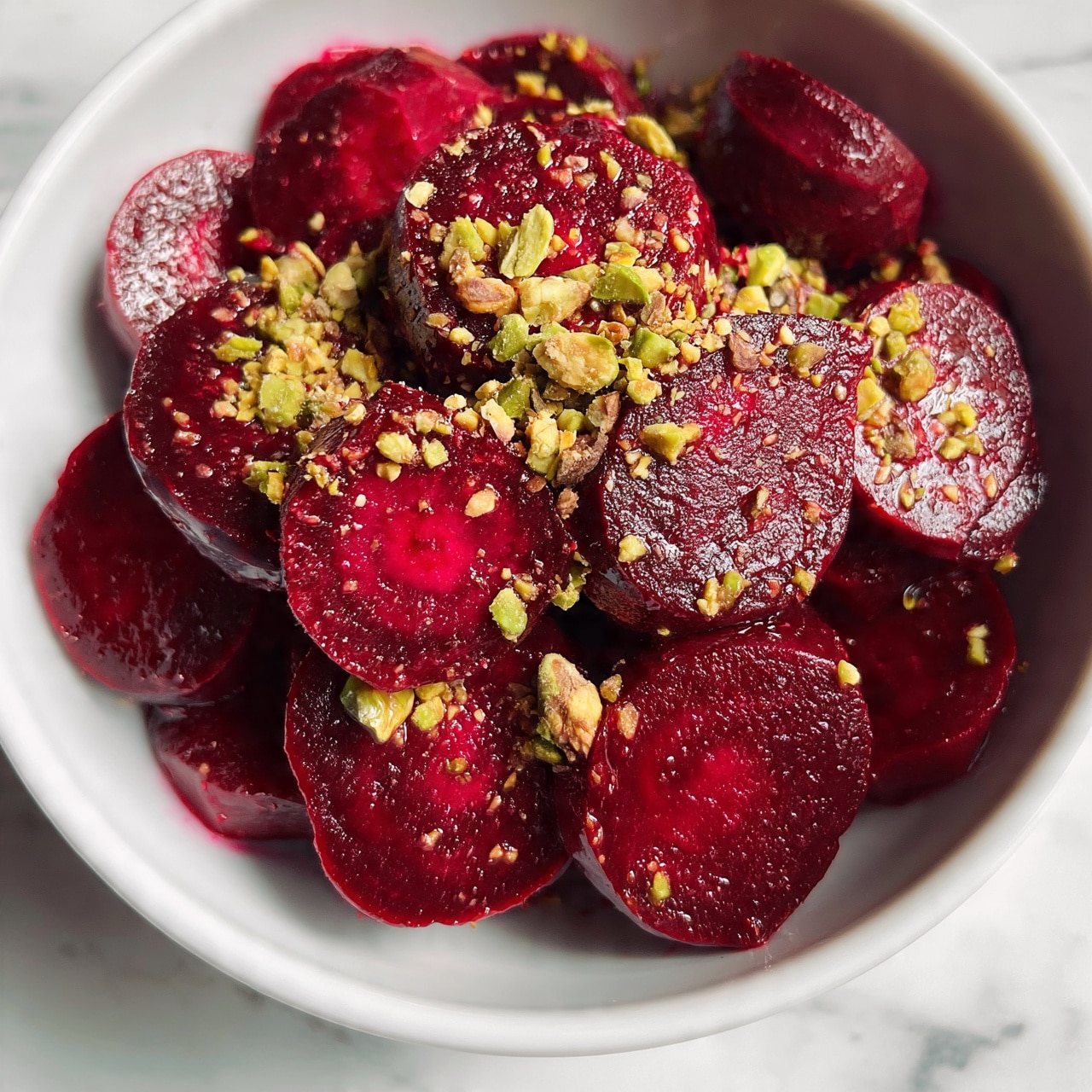 square image A white bowl filled with deep red beet slices, arranged in a loose pile with a slightly shiny and moist texture. Scattered over the beets are crushed pistachio nuts, adding a light green and tan contrast with a crunchy texture. The bowl sits on a white marbled surface, giving a clean and bright look. photo taken with an iphone --ar 4:5 --v 7