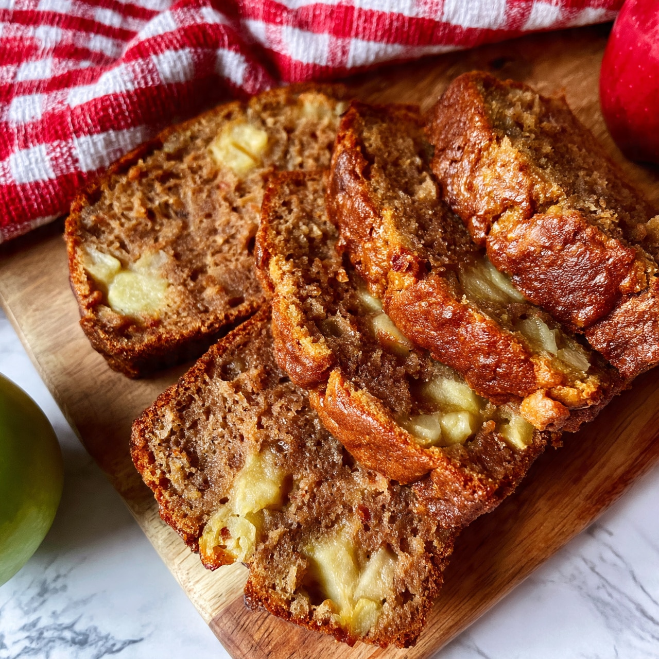 square image A loaf of sliced apple bread is shown on a wooden board with a red and white checkered cloth above it. The bread has a golden brown crust and inside each slice, you can see soft brown bread with lightly cooked chunks of apple scattered throughout. The texture looks moist and the slices are thick, showing clear layers of bread and pieces of apple. There is a red apple partly visible in the top right corner and a green apple partly visible in the bottom left corner. The photo is taken on a white marbled surface. photo taken with an iphone --ar 4:5 --v 7