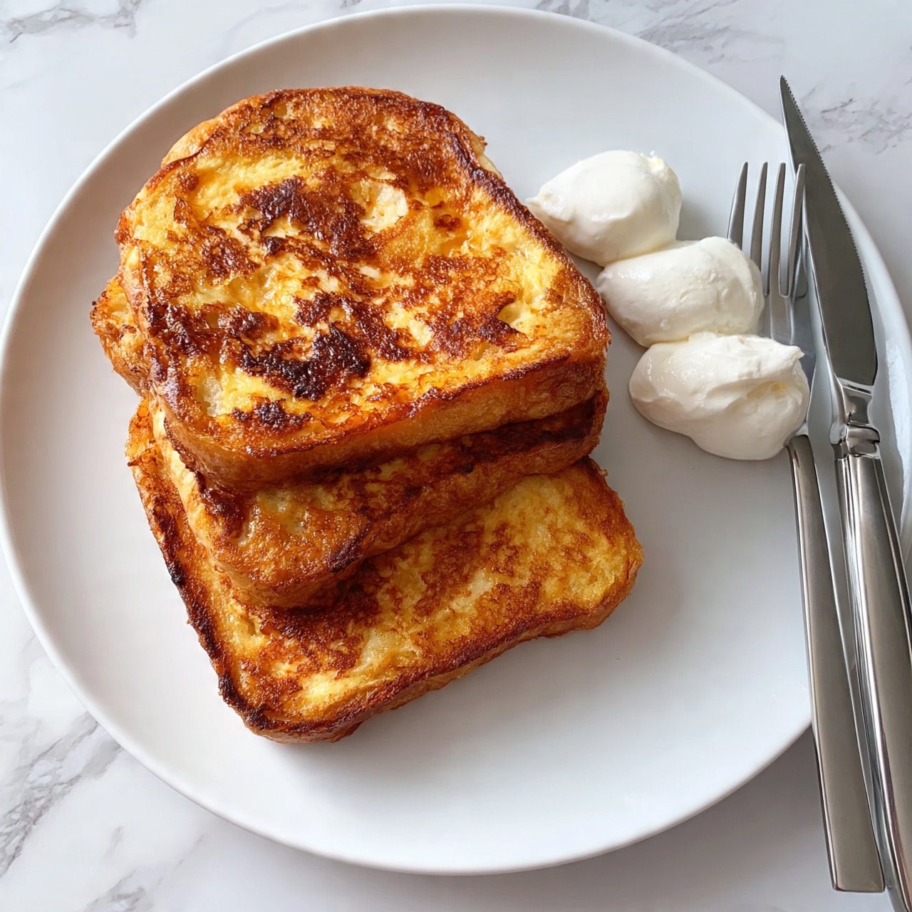 square image A white plate holds three thick slices of golden brown French toast, stacked slightly overlapping. The top slice has a rich, caramelized crust with uneven darker spots. Beside the toast, there are three dollops of smooth white cream. A fork and knife with silver handles rest on the right edge of the plate. The scene is set on a white marbled surface. photo taken with an iphone --ar 4:5 --v 7