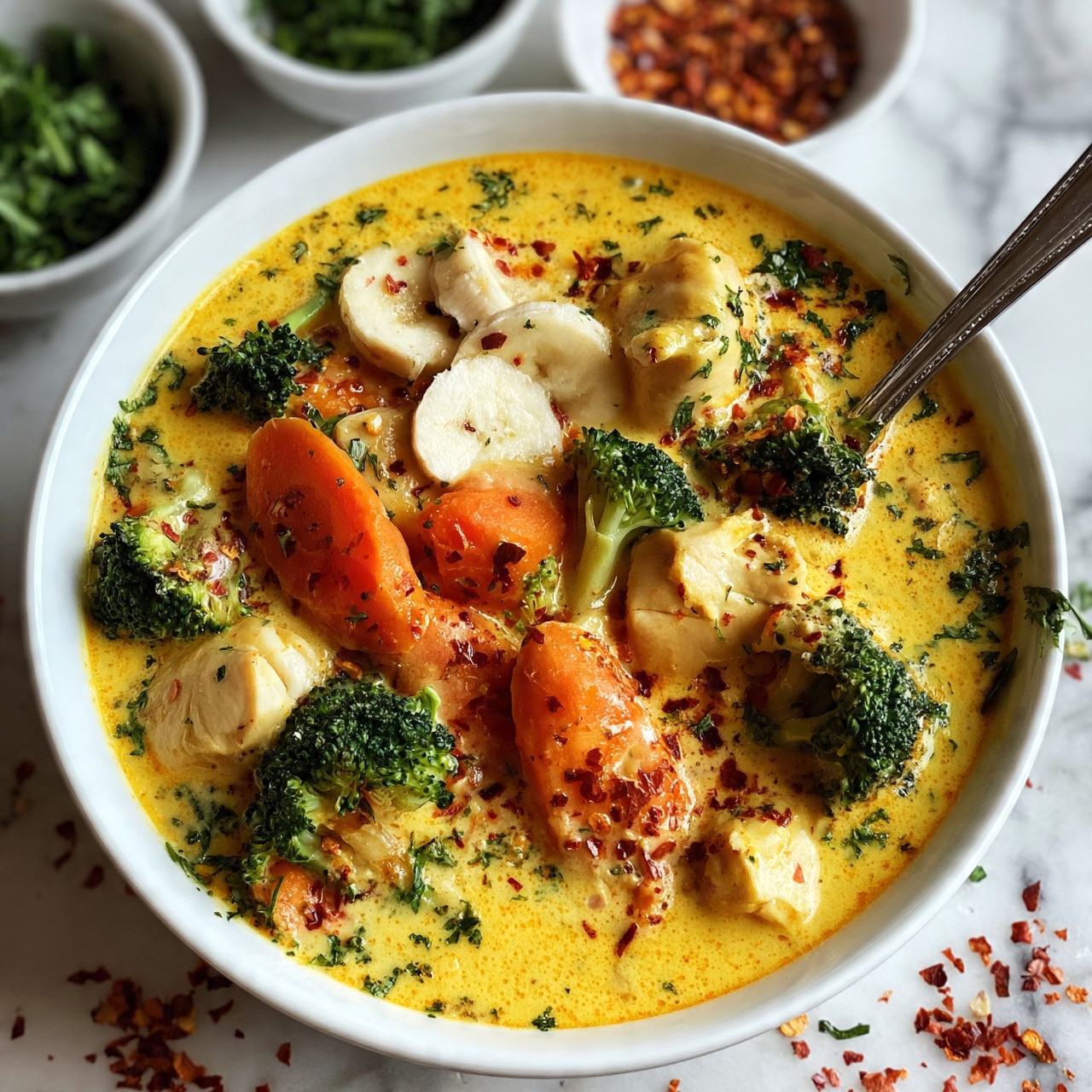 square image The image shows a white bowl filled with a creamy soup that has a yellow-orange color. Inside the soup, there are visible layers of soft orange carrot slices, green broccoli pieces, chunks of light beige chicken, and small white banana slices floating on top. The soup is sprinkled with green herbs and red chili flakes scattered around the bowl. A silver spoon rests inside the bowl, and in the background there are small white bowls filled with fresh chopped green herbs and red chili flakes on a white marbled surface. photo taken with an iphone --ar 4:5 --v 7