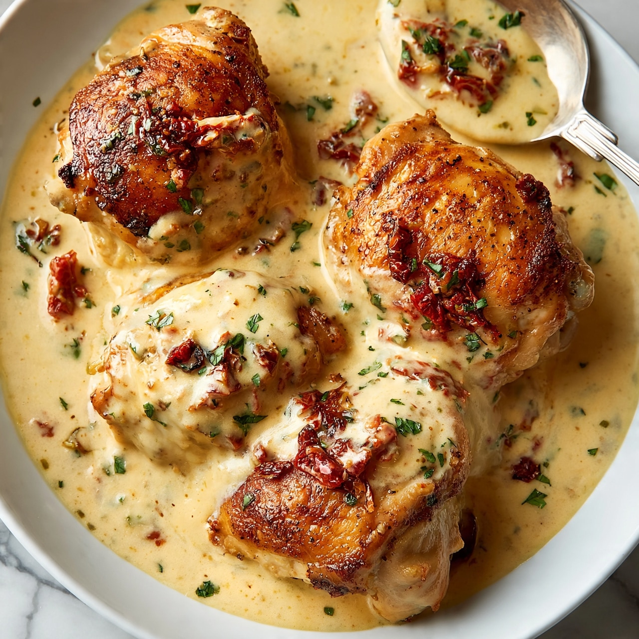 square image The image shows four golden brown chicken pieces with a slightly crispy and seasoned surface, nestled in a creamy light yellow sauce mixed with small pieces of sun-dried tomatoes and chopped green herbs scattered on top. The sauce looks smooth and thick, covering most of the chicken and pooling around them richly. A silver spoon in the upper right corner scoops some of the sauce, showing more chunks of tomatoes and herbs. The whole dish rests on a white marbled surface. photo taken with an iphone --ar 4:5 --v 7