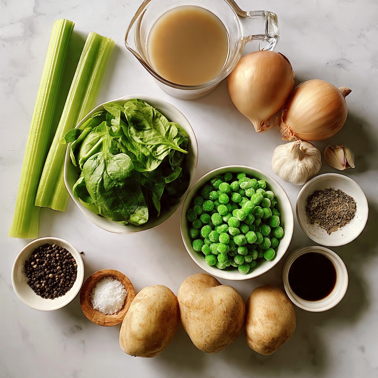 square image The image shows ingredients neatly arranged on a white marbled surface. In the center are two white bowls, one filled with fresh green spinach leaves and the other with bright green frozen peas. Above them, a glass measuring cup holds a light brown liquid. To the left, there are two long green celery stalks and a small white bowl with black pepper next to a wooden bowl of white salt. To the right of the bowls, there are two whole light brown onions, a whole garlic bulb with two peeled cloves, and a small white bowl with dried herbs. Below the bowls, three light brown potatoes lie side by side, and a small white bowl with a dark sauce is placed near the onions. The setup is clean and organized with a fresh look. photo taken with an iphone --ar 4:5 --v 7