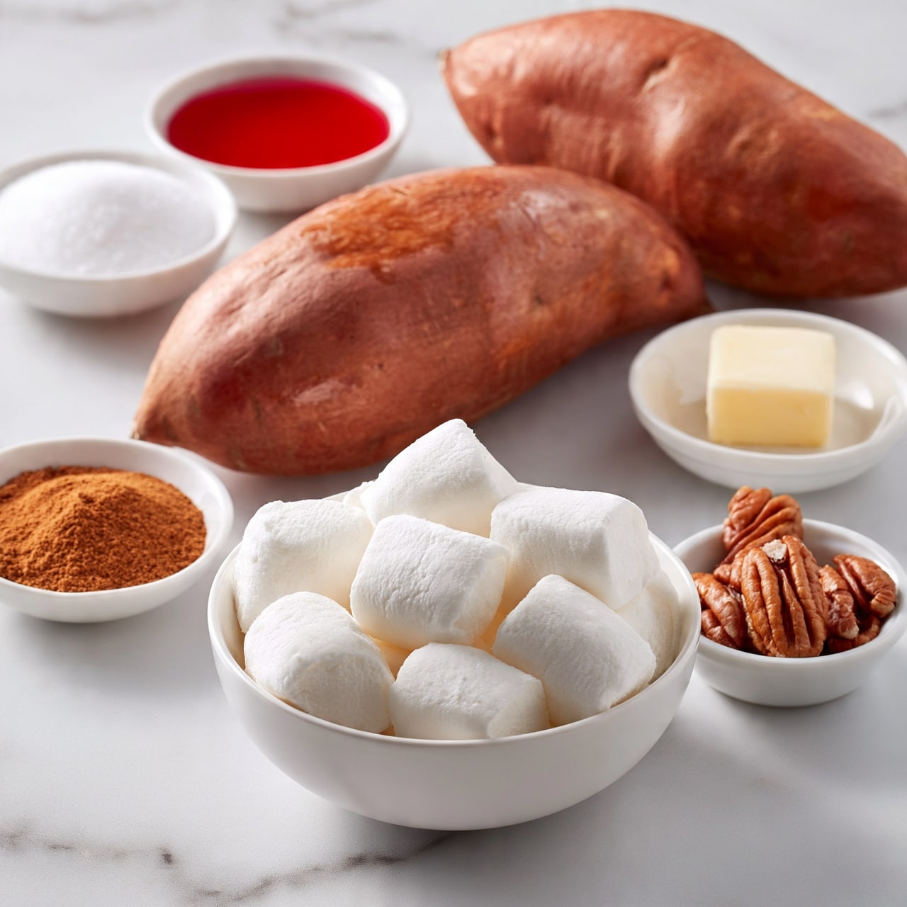 square image Two whole sweet potatoes with smooth brown skin lie on a white marbled surface. Around them are small white bowls filled with ingredients: one contains white granulated sugar, another holds bright red syrup, a third has a small square of pale yellow butter, and another contains a fine cinnamon powder. A white bowl filled with large white marshmallows sits prominently in the foreground, while a small white bowl with whole pecans is placed nearby. The scene is brightly lit and neatly arranged, creating a clean and inviting look. Photo taken with an iphone --ar 4:5 --v 7