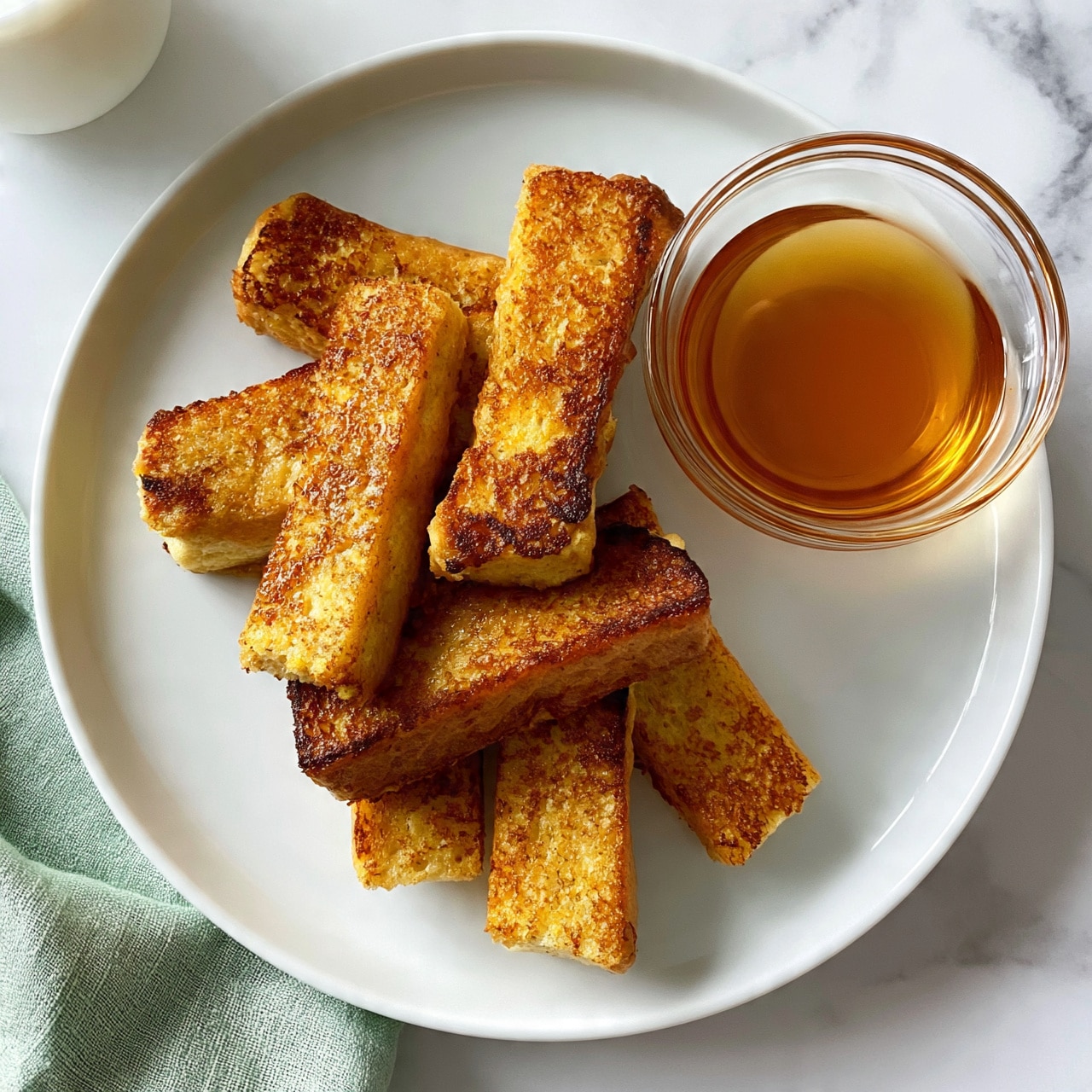 square image A white plate on a white marbled surface holds several golden brown French toast sticks stacked unevenly, showing a crisp texture with lightly toasted edges. Next to the toast sticks is a small clear bowl filled with amber syrup. A light green cloth napkin is partially visible near the plate. A glass of milk is seen at the top left corner. Photo taken with an iphone --ar 4:5 --v 7