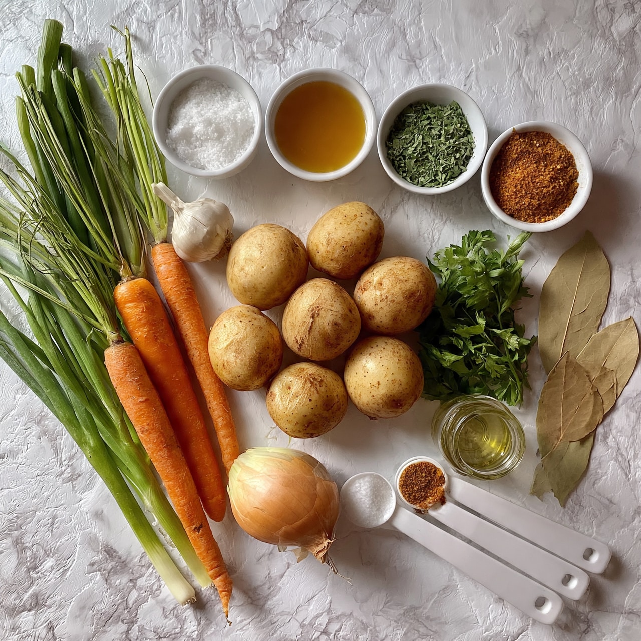 square image The image shows a white marbled textured surface with several raw ingredients neatly arranged. There are seven light brown potatoes clustered in the center. Near the potatoes, there is a group of fresh vegetables including two orange carrots with green tops, green onions, a bulb of garlic, a peeled onion, and some green leafy herbs. Surrounding these are small white bowls containing white salt, golden-colored broth, green dried herbs, and reddish-brown spice. Nearby, a small glass jar of oil and three white measuring spoons with different amounts of salt and spice rest on the surface, along with three light brown bay leaves placed side by side. photo taken with an iphone --ar 4:5 --v 7