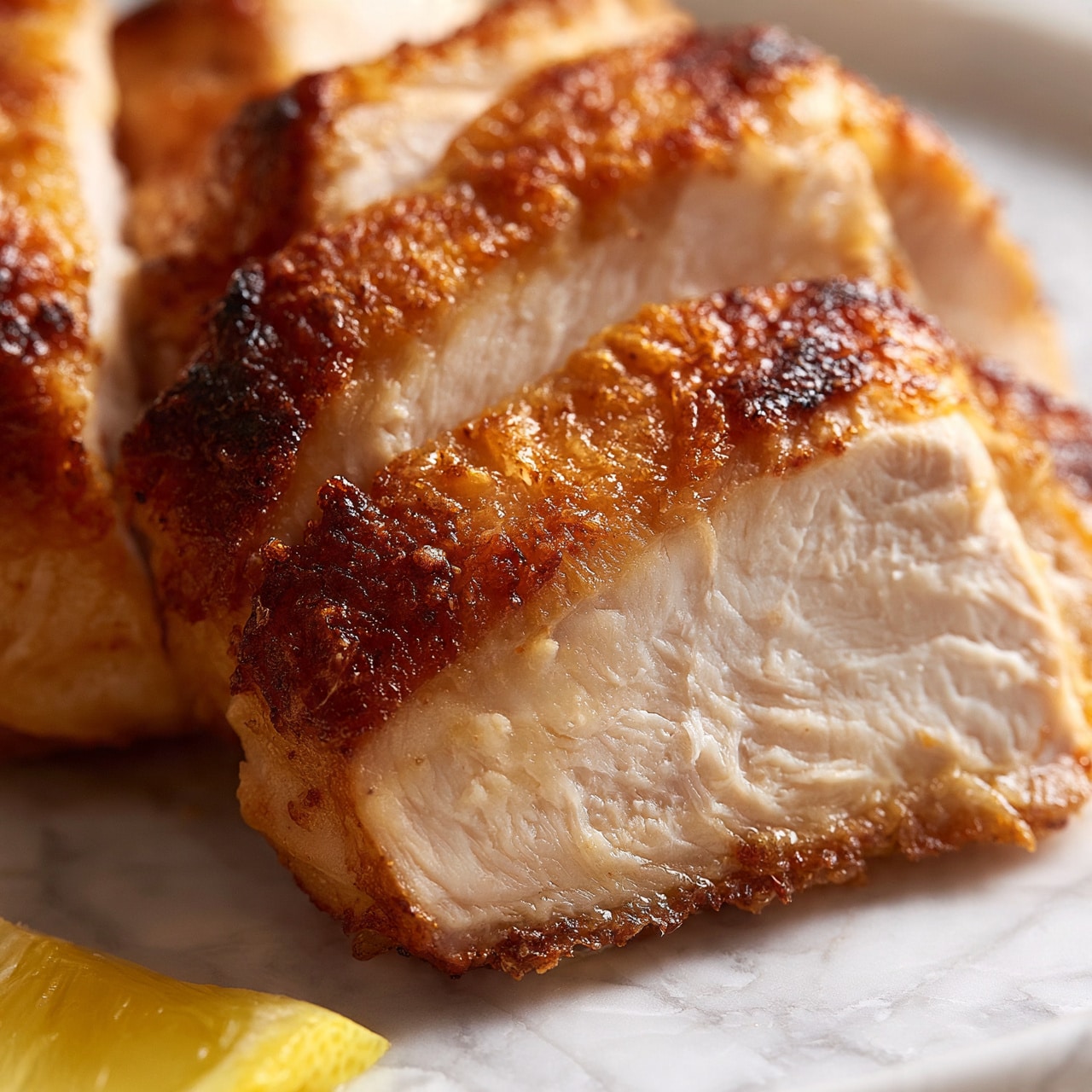 square image The image shows several thick slices of cooked chicken with a golden-brown, slightly crispy skin and juicy, light-colored meat inside. The chicken slices are arranged closely on a white marbled surface, with a small wedge of bright yellow lemon placed near the bottom left side. The textures of the chicken skin are rough and well-roasted, while the inside meat looks soft and tender. Photo taken with an iphone --ar 4:5 --v 7