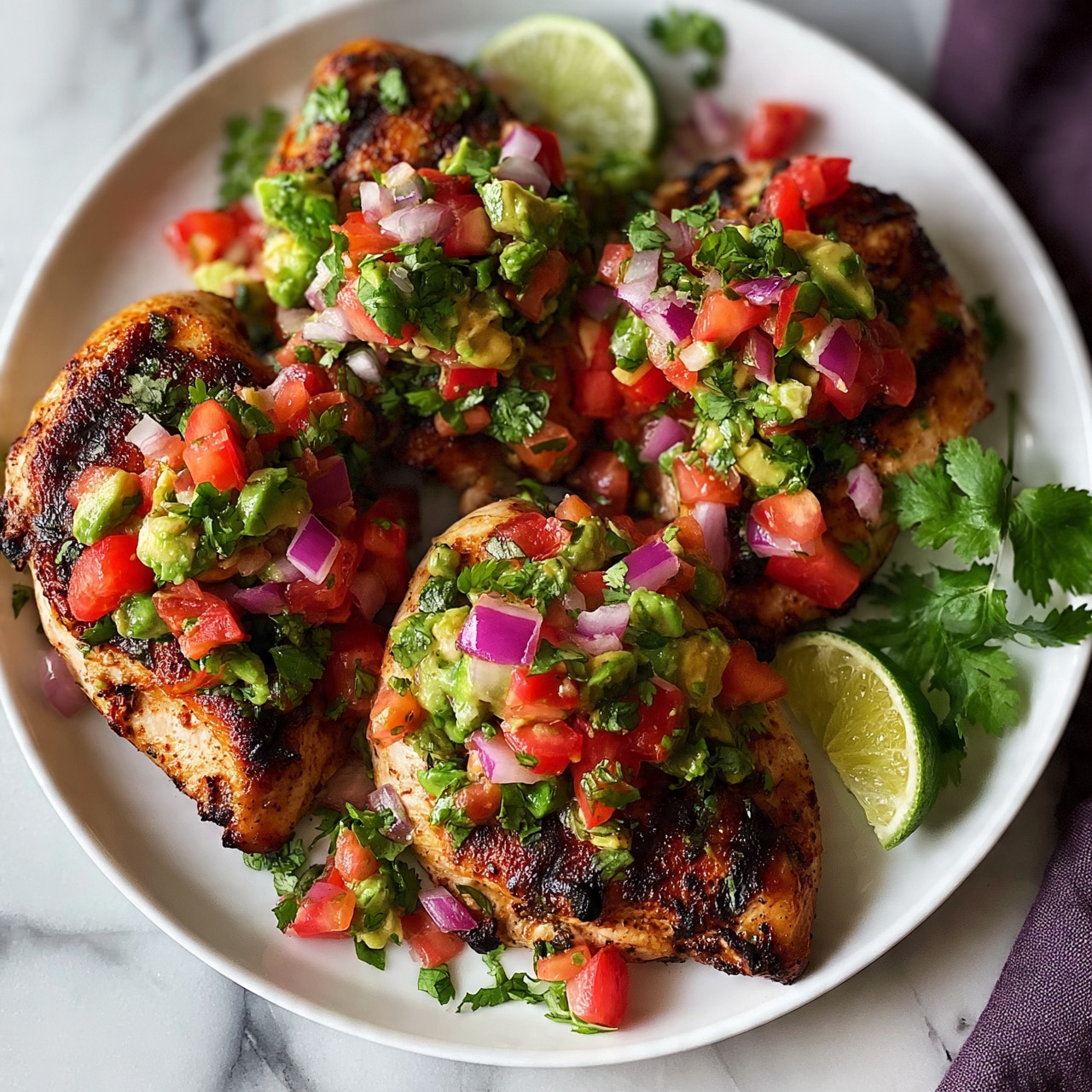 square image A white plate with three grilled chicken pieces arranged closely together is topped with a colorful salsa made of diced red tomatoes, green avocado, red onions, and chopped cilantro, creating a vibrant mix of red, green, and purple colors contrasting with the light brown chicken. Lime wedges are placed on the plate for garnish, and fresh cilantro leaves are scattered around the edges. The setup is on a white marbled surface, with a dark purple cloth partially visible on the right side of the plate. photo taken with an iphone --ar 4:5 --v 7