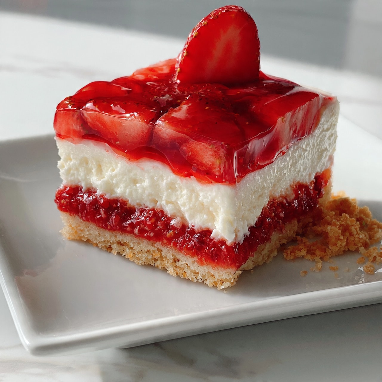 square image A slice of strawberry dessert with four clear layers is shown on a white plate. The bottom layer is crumbly and light brown, resembling a crust. Above it is a red, somewhat chunky strawberry jam layer. Next comes a thick, creamy white layer with a soft texture. The top layer has bright red strawberry pieces submerged in a shiny red glaze, with a half strawberry standing up as decoration. Crumbs are scattered on the right side where the slice is cut. The background is a white marbled surface. Photo taken with an iphone --ar 4:5 --v 7