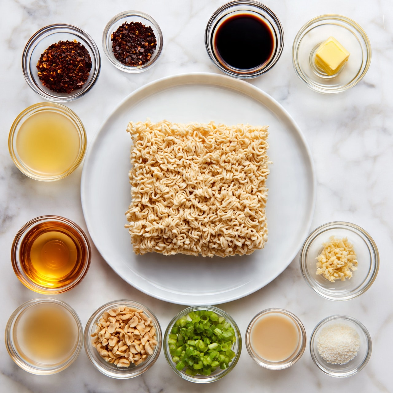square image A white plate holds a block of uncooked instant ramen noodles with a light beige, crinkled texture, placed on a white marbled surface. Around the plate are small clear glass bowls arranged in two rows: the top row includes a dark red chili flake mix, a small bowl of black soy sauce with a shiny surface, and a bowl with a small yellow pat of butter. The bottom row has a bowl of light yellow broth, a bowl with golden brown honey, a bowl with pale brown crushed peanuts, a bowl with chopped green onions, a small bowl of minced garlic, a bowl with light beige liquid, and a small bowl with white granules. The bowls each show different bright colors and smooth or coarse textures. Photo taken with an iphone --ar 4:5 --v 7