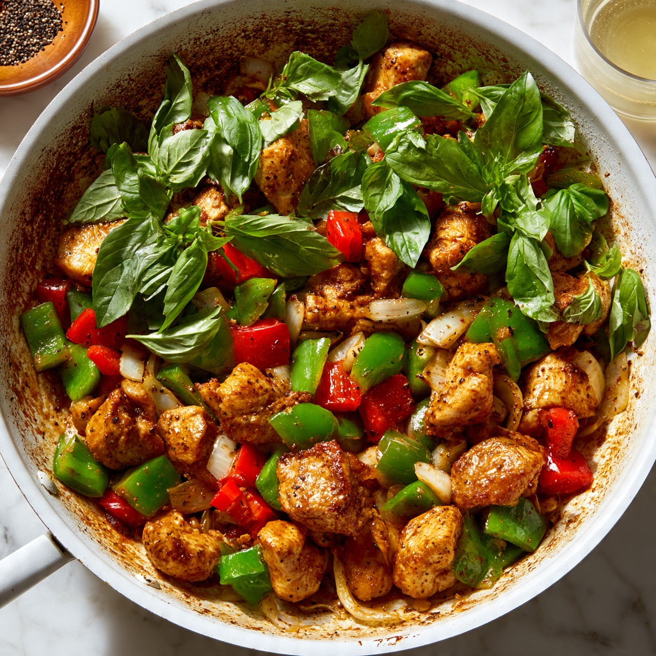 square image The dish is a stir-fry served in a large white pan with a slightly browned and textured inside surface. It has three main layers visible: the bottom layer is a mix of light brown cooked chicken pieces, each with a slightly shiny and spiced coating; the middle layer has chunky green and red bell pepper pieces and white onion slices scattered evenly among the chicken; the top layer features fresh, bright green basil leaves spread across the dish. In the background, there's a small wooden bowl with black pepper and a clear glass of light yellow liquid on a white marbled surface. Photo taken with an iphone --ar 4:5 --v 7