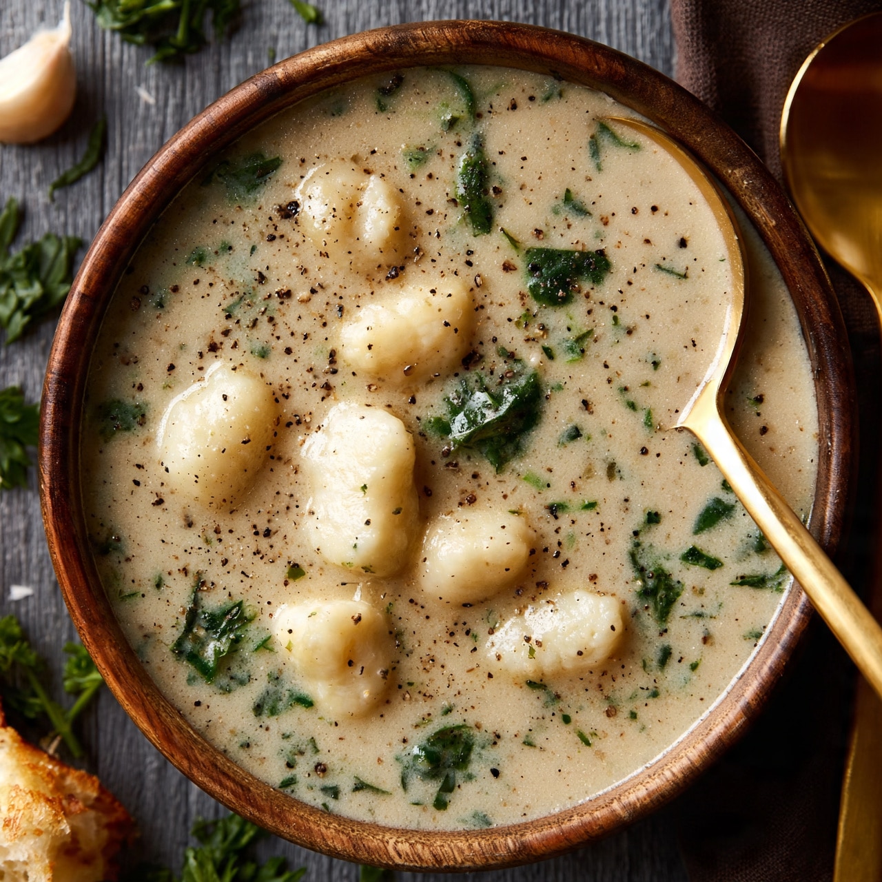 square image A wooden bowl filled with creamy soup that is light beige with specks of black pepper and green herbs throughout. Inside, several soft, small white gnocchi pieces and bits of leafy green herbs are visible. A golden spoon rests in the bowl on the right side, partially dipped into the soup. The bowl sits on a dark gray wooden surface with a garlic clove, a piece of toasted bread, and green herbs scattered around. Another golden spoon lies on a dark brown cloth on the right side of the image. photo taken with an iphone --ar 4:5 --v 7
