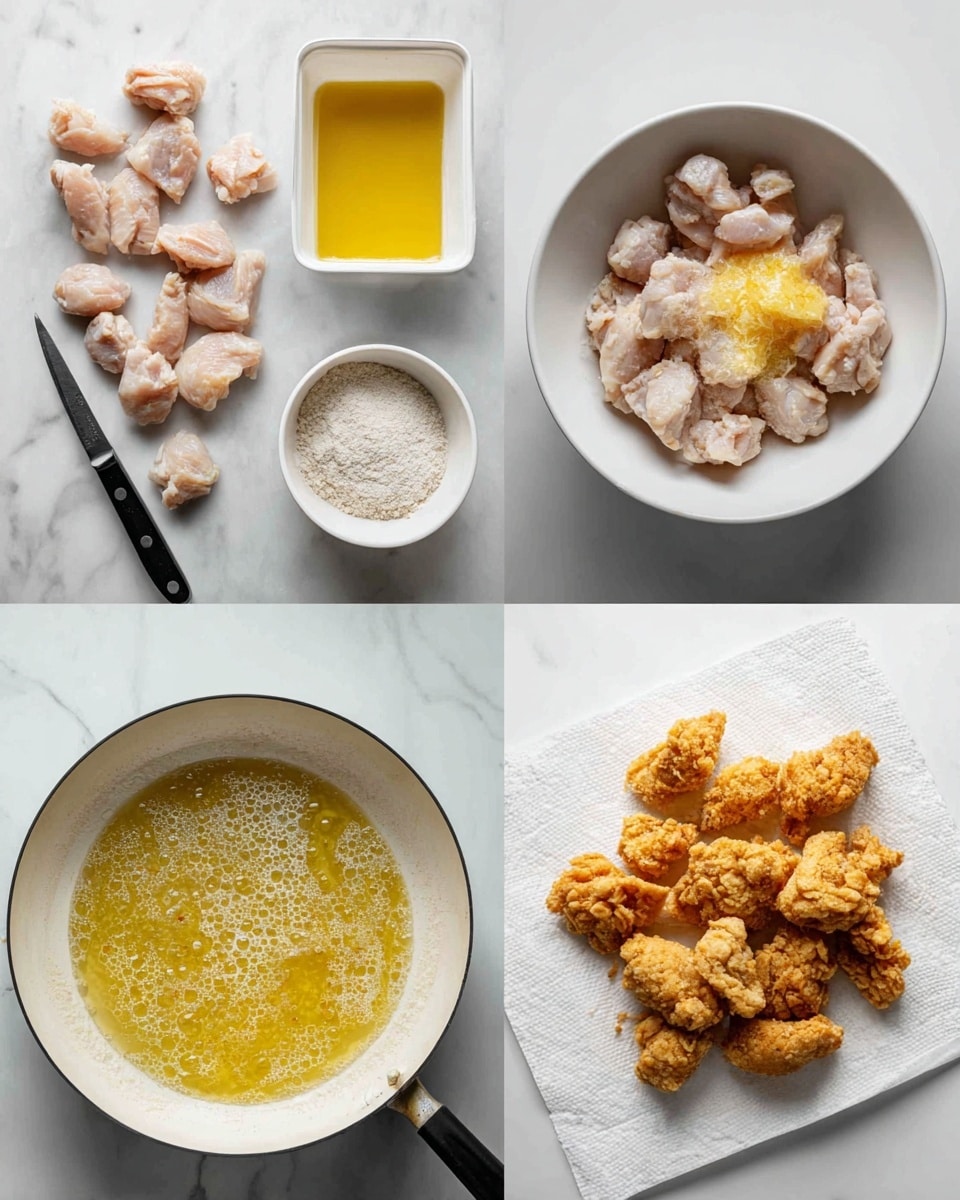 The image is divided into four parts: the top left shows small raw chicken pieces on a white marbled surface next to a black-handled knife and a white container holding more pieces; the top right features a white bowl with raw chicken pieces covered in yellow egg wash beside another white bowl filled with seasoned flour mixture on the same white marbled surface; the bottom left captures bubbling hot oil in a pan, likely frying the chicken; the bottom right displays golden-brown fried chicken pieces spread on white paper towels for draining oil, all on a white marbled background photo taken with an iphone --ar 4:5 --v 7
