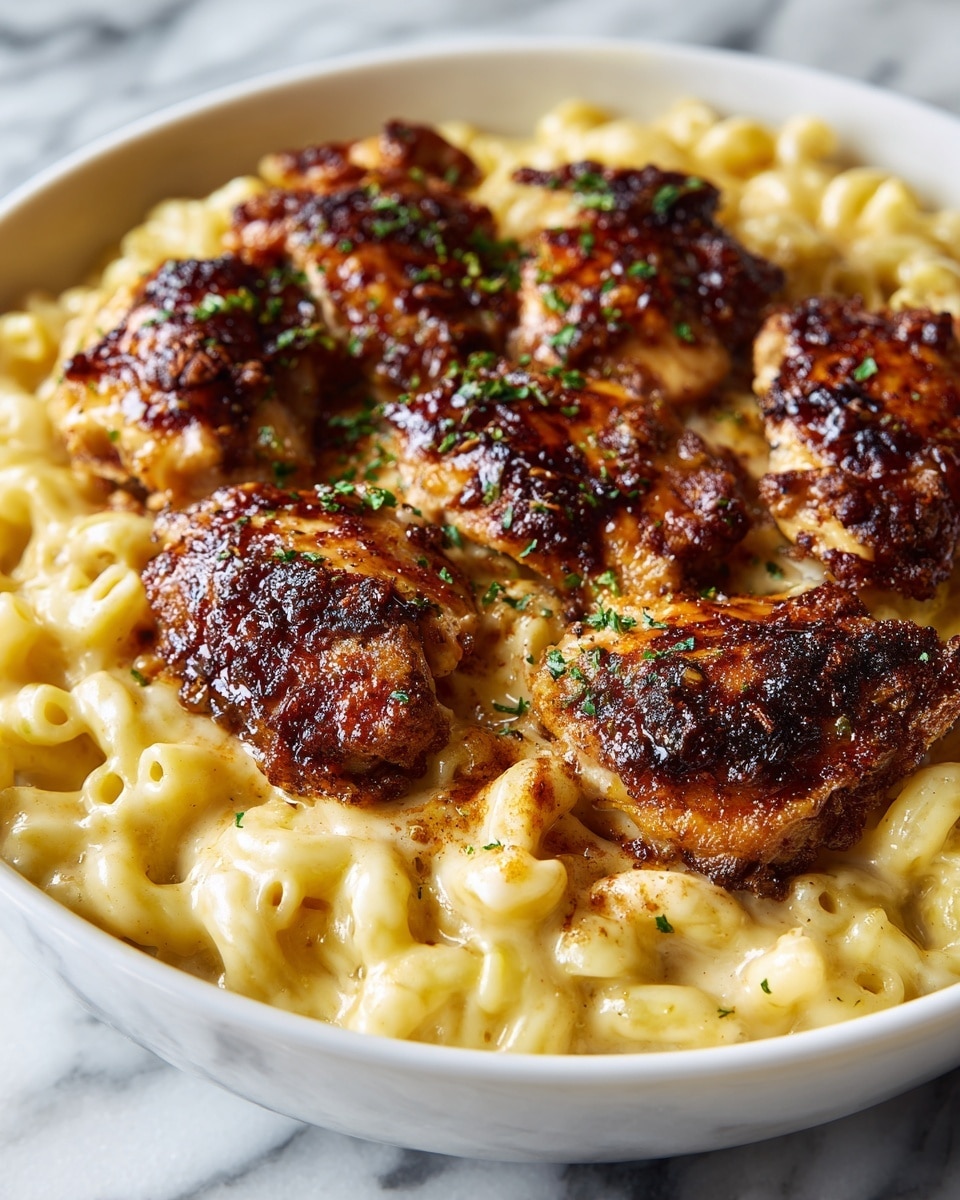 A close-up view shows a bowl filled with creamy yellow macaroni and cheese topped with several pieces of browned, seasoned chicken. The chicken pieces are golden with a slight char and shiny glaze, sprinkled lightly with small green herb bits. The creamy sauce coats the pasta beneath the chicken, and the whole dish sits on a white marbled surface. Photo taken with an iphone --ar 4:5 --v 7