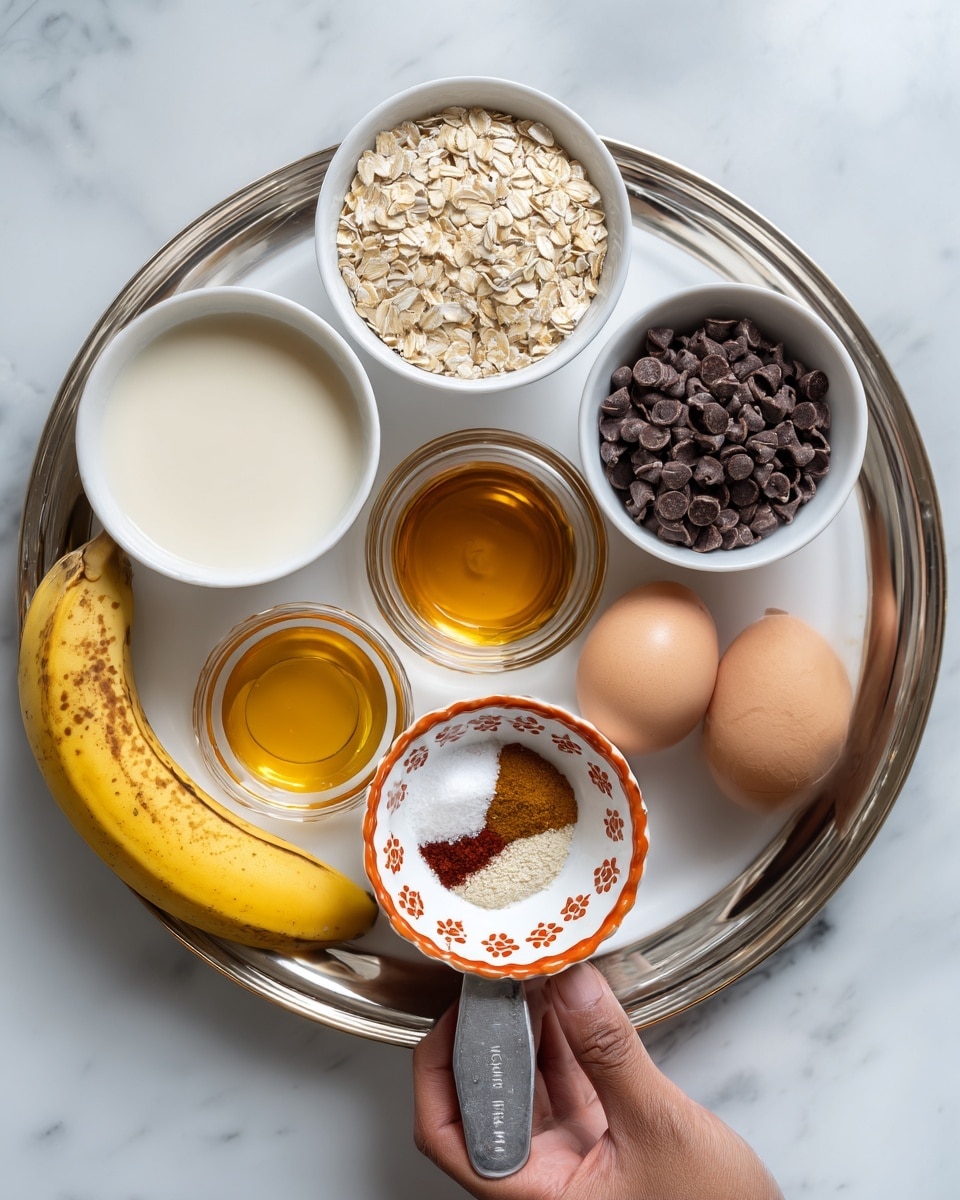 The image shows a metal tray on a white marbled surface holding several ingredients neatly arranged in small white bowls and glass containers. At the top left, there is a white bowl filled with a creamy liquid, likely milk. To the right, a white bowl is filled with small, dark brown chocolate chips. Below these bowls, a woman’s hand holds a metal measuring cup filled with beige rolled oats above the tray. At the bottom left of the tray, there is a ripe yellow banana with brown spots. Near the middle are two small glass bowls, one with a golden honey-like liquid and the other with a darker amber syrup. At the bottom right of the tray, two whole brown eggs rest side by side. Between the eggs and sauces, an orange bowl with white floral patterns contains white powder and reddish-brown spices. The photo taken with an iphone --ar 4:5 --v 7