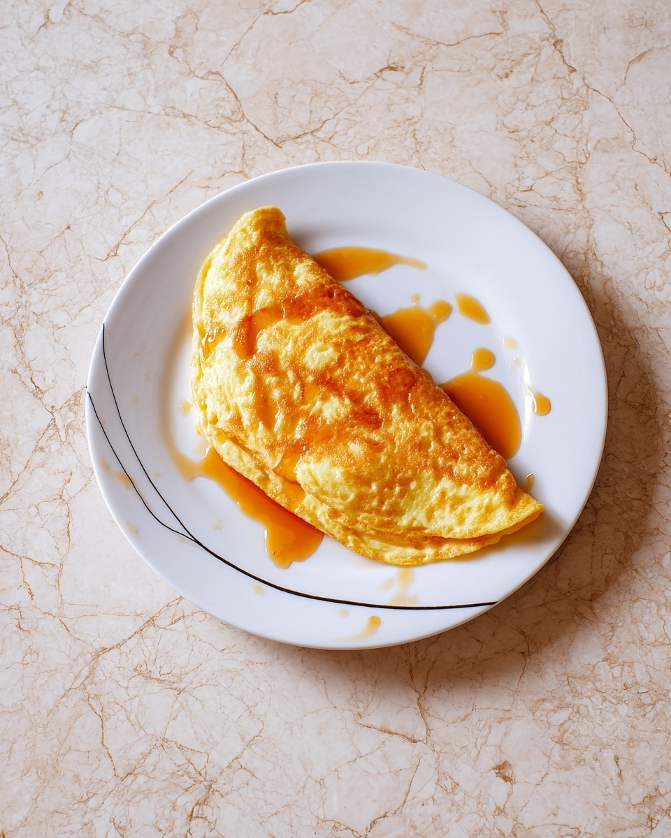 A white plate sits on a white marbled surface, holding a folded omelette that is light golden-brown with a soft and slightly spongy texture. The omelette is drizzled with a light amber syrup that pools slightly on the plate. A thin black curved line decorates the plate underneath the omelette, adding contrast to the simple presentation. The colors are warm and inviting, with the omelette's golden hues standing out against the clean white plate and marbled background. photo taken with an iphone --ar 4:5 --v 7