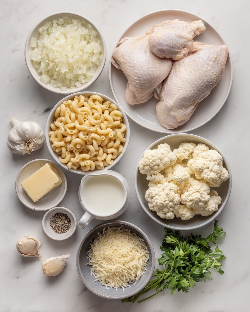 The image shows several white bowls and a small white cup arranged on a white marbled surface, each holding different ingredients for cooking. There are two large raw chicken pieces on a white plate at the top right. To the left, a white bowl holds finely chopped onions, and below it is a white bowl with elbow macaroni pasta. Next to the pasta bowl, a white bowl contains cauliflower florets. Below these, a small white cup holds milk, and beside it, a small white bowl has ground black pepper. There is a grey bowl filled with grated cheese centered at the bottom, with a small white bowl of butter and some fresh green parsley beside it. Two peeled garlic cloves rest on the white marbled surface near the bowls. The items are all neatly placed, showcasing the ingredients clearly photo taken with an iphone --ar 4:5 --v 7