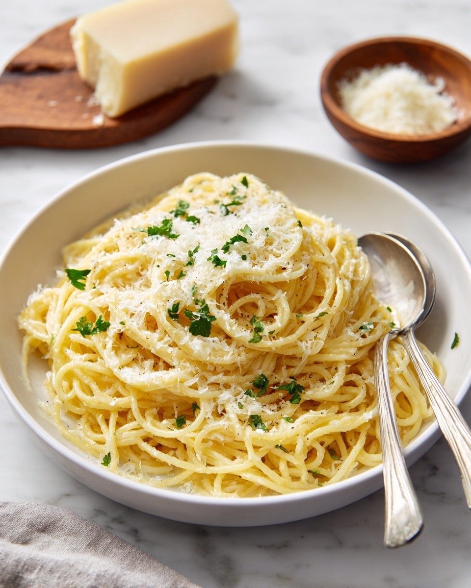 A white bowl is filled with a generous serving of spaghetti pasta, each strand coated lightly with a creamy sauce, giving it a soft yellowish color. On top, there is a fine layer of white grated cheese scattered unevenly, with small green parsley leaves sprinkled over the cheese and pasta, adding color contrast. The bowl sits on a white marbled surface, next to a piece of cheese and a small wooden bowl full of Parmesan cheese. A woman's hand with a silver fork and spoon is placed nearby. Photo taken with an iphone --ar 4:5 --v 7