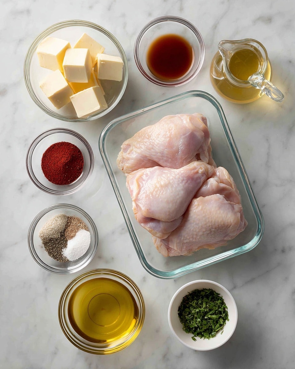 The image shows a white marbled surface with eight clear glass bowls and a rectangular glass dish arranged neatly. In the center is the rectangular glass dish holding two raw, pale pink chicken pieces. Surrounding it are smaller bowls: on the upper left is a bowl with three cubes of pale yellow butter; near the top right is a small glass jug filled with a light golden liquid. Below the butter are three smaller round bowls with powdered spices - one with red powder, one with light beige powder, and one with black pepper. At the bottom left is a bowl with golden yellow olive oil, next to it a bowl with reddish-brown sauce, and at the bottom right is a small white bowl filled with green chopped herbs. The items are all spaced neatly on the white marbled surface. Photo taken with an iphone --ar 4:5 --v 7