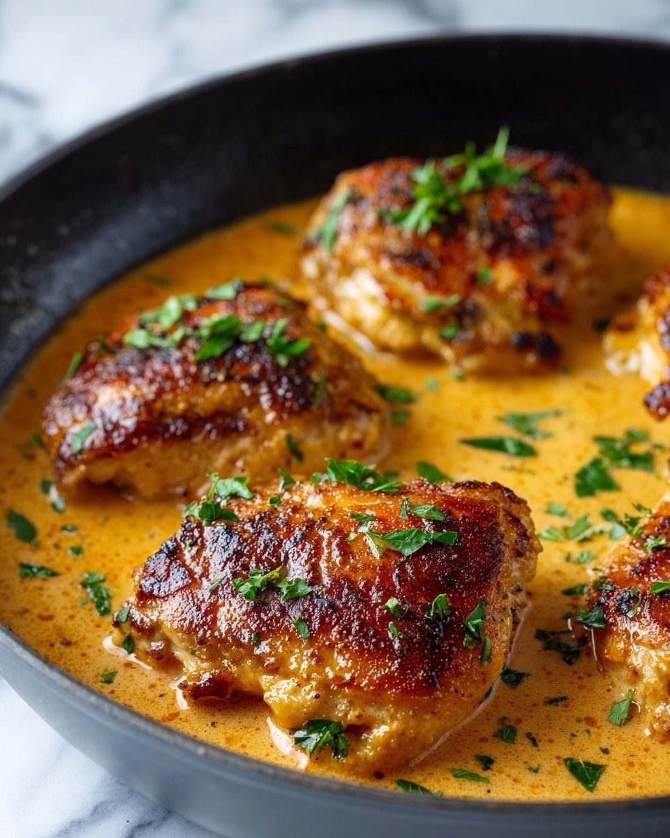 The image shows a close-up of four golden-brown cooked chicken pieces in a black pan filled with a creamy orange sauce. The chicken has a slightly charred, crispy surface with small green parsley leaves sprinkled on top and in the sauce around them. The sauce looks smooth and rich, covering the bottom of the pan and glistening under the light. The background is a white marbled texture. Photo taken with an iphone --ar 4:5 --v 7
