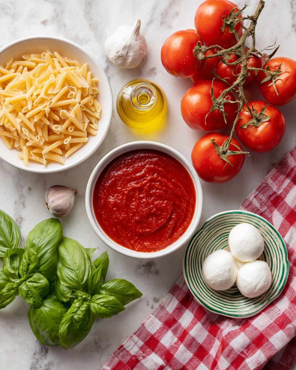 The image shows cooking ingredients laid out on a white marbled surface with a red and white checkered cloth partially visible at the bottom. There is a white round bowl filled with dry pasta pieces on the left side. Above it, a bunch of fresh red tomatoes still on the vine sits. To the right of the tomatoes, there is a small clear glass bottle with olive oil. Near the center, a small white garlic bulb with a clove lies on the surface. On the right side, a white bowl filled with thick red tomato sauce is placed. Below this, a round plate with green concentric circles holds two soft balls of white mozzarella cheese. Fresh green basil leaves are arranged near the checkered cloth in the bottom left corner. The photo taken with an iphone --ar 4:5 --v 7