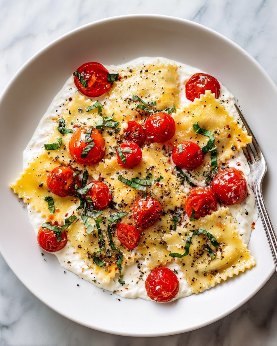 The image shows a white round plate filled with a layered dish. The bottom layer consists of melted white cheese with a soft, creamy texture that spreads across the plate. On top of this, there are square pieces of pasta that are light golden yellow with a smooth surface. Scattered around and slightly on top of the pasta squares are bright red cooked cherry tomatoes, some slightly wrinkled, giving a juicy look. Small pieces of dark green chopped basil leaves are sprinkled over the entire dish, adding a fresh, leafy contrast. The dish is lightly seasoned with black pepper flakes visible on the pasta and cheese. The plate sits on a white marbled surface, and there is a silver fork positioned to the right of the plate. photo taken with an iphone --ar 4:5 --v 7