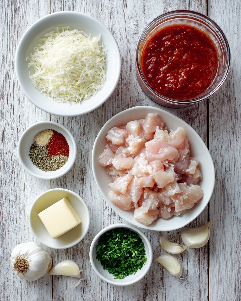 The image shows a wooden surface with several ingredients arranged neatly. There is a glass bowl filled with small, pale pink pieces of raw chicken placed in the top right. To the left, a white bowl contains fine, grated Parmesan cheese. Below this, a small white bowl holds mixed dried spices, including red pepper flakes, oregano, and garlic powder. Next to it, another white bowl has chopped fresh green parsley. At the bottom left, three whole garlic cloves are next to a small block of yellow butter. In the top left corner, there is an upright jar of red tomato basil sauce with a white label. The scene is set on a white marbled texture. photo taken with an iphone --ar 4:5 --v 7