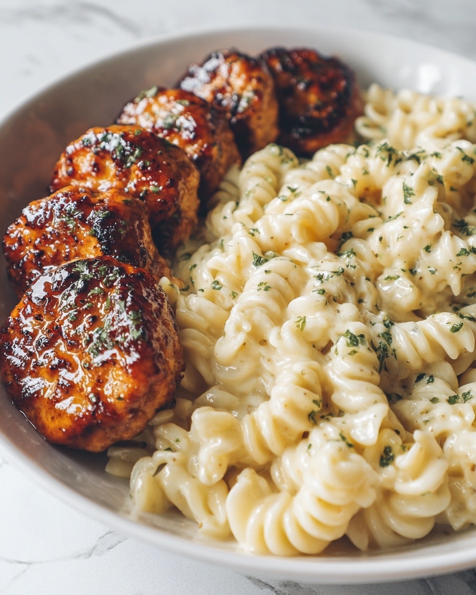 A white plate filled with two main layers: the left side has a row of golden-brown grilled patties with a shiny glaze and some green herbs sprinkled on top, showing a textured and slightly crispy surface; the right side is full of creamy light beige curly pasta coated in a smooth sauce with bits of green herbs scattered evenly. The plate sits on a white marbled surface, and the overall image looks fresh and appetizing. photo taken with an iphone --ar 4:5 --v 7