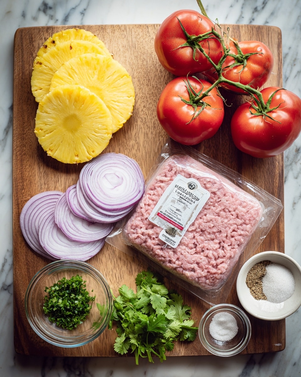 The image shows a wooden board with several food items arranged neatly. On the left side, there are four round yellow pineapple slices stacked slightly overlapping. Below the pineapple, there is a cluster of four bright red tomatoes still attached to their green vine. To the right of the pineapples, a white bowl holds pale pink ground meat sprinkled with some seasoning on top. Below the bowl, there are several thin rings of purple onion placed on the wooden surface. Next to the onions is a small glass bowl filled with chopped green herbs, and nearby are scattered leaves of cilantro. At the center, there is a package of Canadian bacon with a clear plastic cover, showing light pink slices inside with the label on top. Small bowls containing salt, a powder and some light sauce are also partly visible on the right edge. The background is a white marbled texture photo taken with an iphone --ar 4:5 --v 7