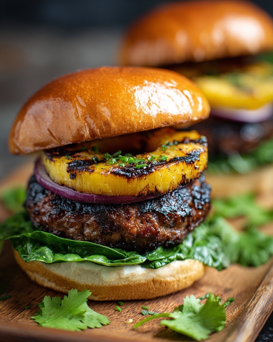 A close-up of a grilled burger placed on a white bun with a shiny golden-brown top layer. Inside the burger, there are dark green leafy lettuce layers at the bottom, followed by a thick, grilled patty with a slightly charred surface. On top of the patty, there is a thick slice of grilled red onion and a large, round, grilled pineapple ring with char marks and green herbs sprinkled on it. The burger is on a wooden board, with another similar burger slightly blurred in the background. Some fresh green cilantro leaves are scattered around. Photo taken with an iphone --ar 4:5 --v 7