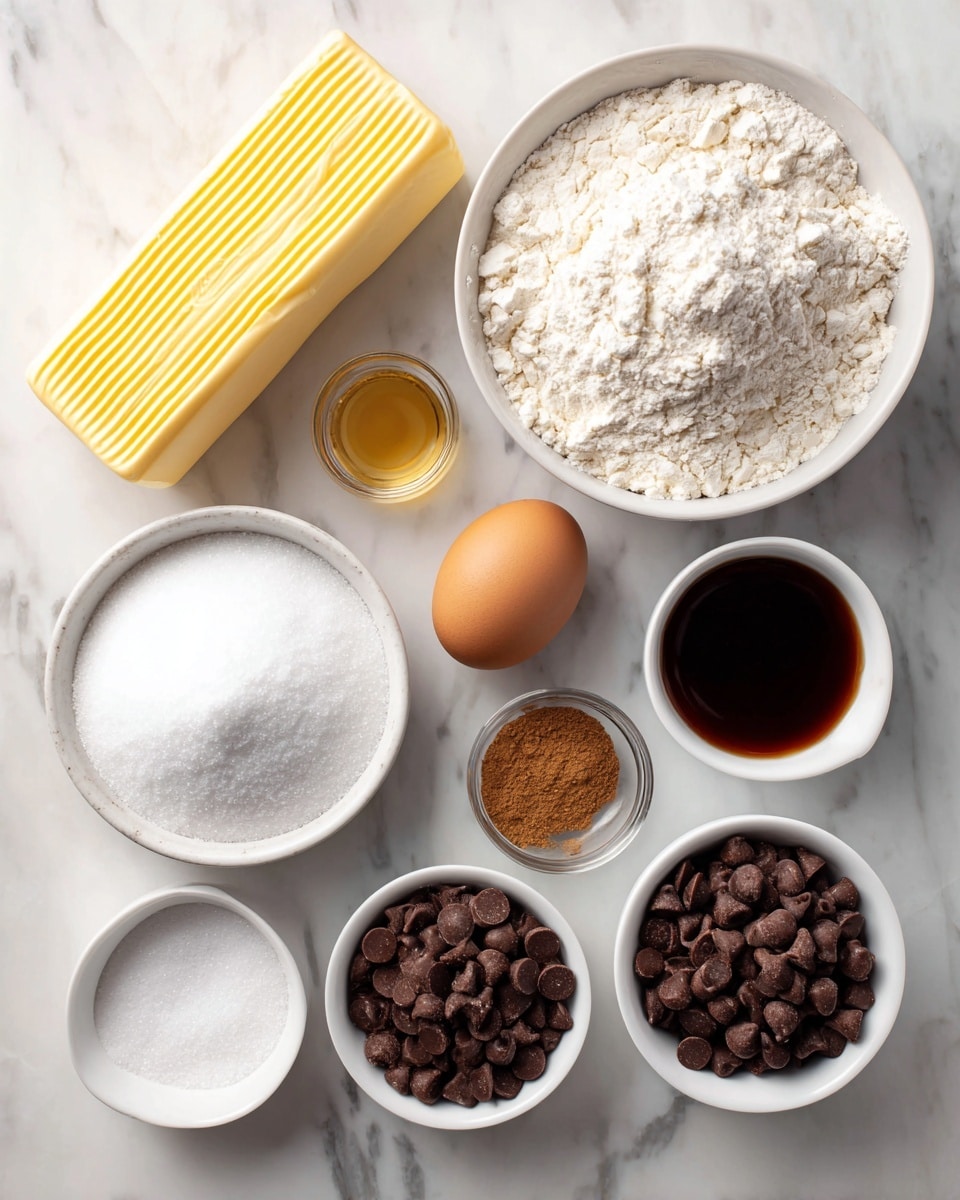 The image shows a top view of various baking ingredients neatly arranged on a white marbled surface. There is a rectangular stick of butter with a yellow wrapper at the top left. To the right of it, a large white bowl filled with flour sits near the top right. Below the butter, a small white bowl contains brown sugar, and next to it on the left side is a bigger white bowl filled with white granulated sugar. At the center, a single egg rests in a clear glass holder. Near the egg, there are three small white bowls: one with dark brown vanilla extract, one with white salt, and one with brown cinnamon powder. At the bottom, two medium white bowls hold semi-sweet chocolate chips and milk chocolate chips, each showing small round pieces. The setup is clean and well spaced, with all ingredients clearly visible. photo taken with an iphone --ar 4:5 --v 7