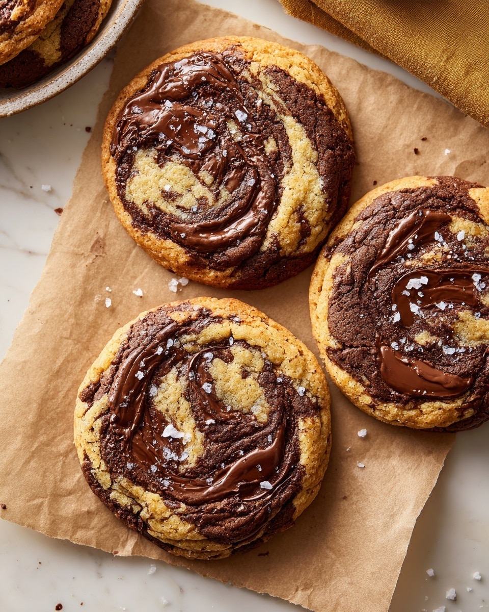 Three large round cookies lie on light brown parchment paper over a white marbled surface. Each cookie has a golden-brown base with swirls of dark chocolate melted inside, creating a marbled look. The chocolate areas are glossy and slightly thick, contrasting with the drier, crumbly texture of the cookie dough. Around the cookies, small white flakes of salt are sprinkled, adding little spots of brightness. To the left, a part of a clear bowl with another cookie is visible. The photo taken with an iphone --ar 4:5 --v 7