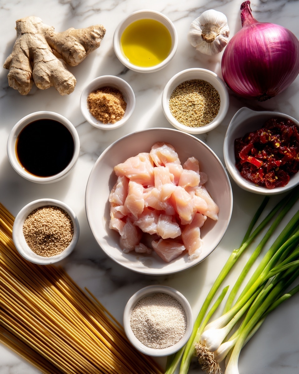 A white bowl in the center holds small pale pink pieces of raw chicken. Surrounding it are six small white bowls, each with different ingredients: dark sticky sauce, light brown powder, light golden liquid, light beige granulated substance, wet red chili paste, and small white sesame seeds. A large whole red onion is placed at the upper right, and fresh ginger root and a garlic bulb sit to the left. Long light brown uncooked noodles are placed diagonally across the bottom left. Green onions and a red bell pepper rest on the white marbled surface on the right. The entire scene is bright with natural light, creating a fresh and clean look. Photo taken with an iphone --ar 4:5 --v 7