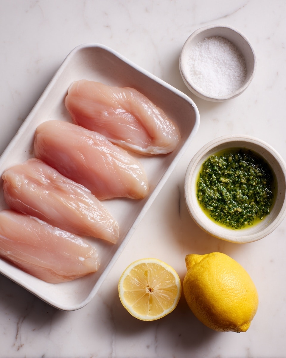 A white rectangular dish holds four raw chicken fillets, light pink in color, neatly arranged in two rows of two, covering most of the dish. To the right, a small white bowl is filled with a coarse white powder, likely salt. Below it, another small white bowl contains green pesto sauce with a slightly chunky texture. At the bottom of the image, a whole bright yellow lemon and a lemon half with visible seeds and segments sit on the white marbled surface. The scene is well lit, with soft natural light enhancing the fresh look of the ingredients photo taken with an iphone --ar 4:5 --v 7