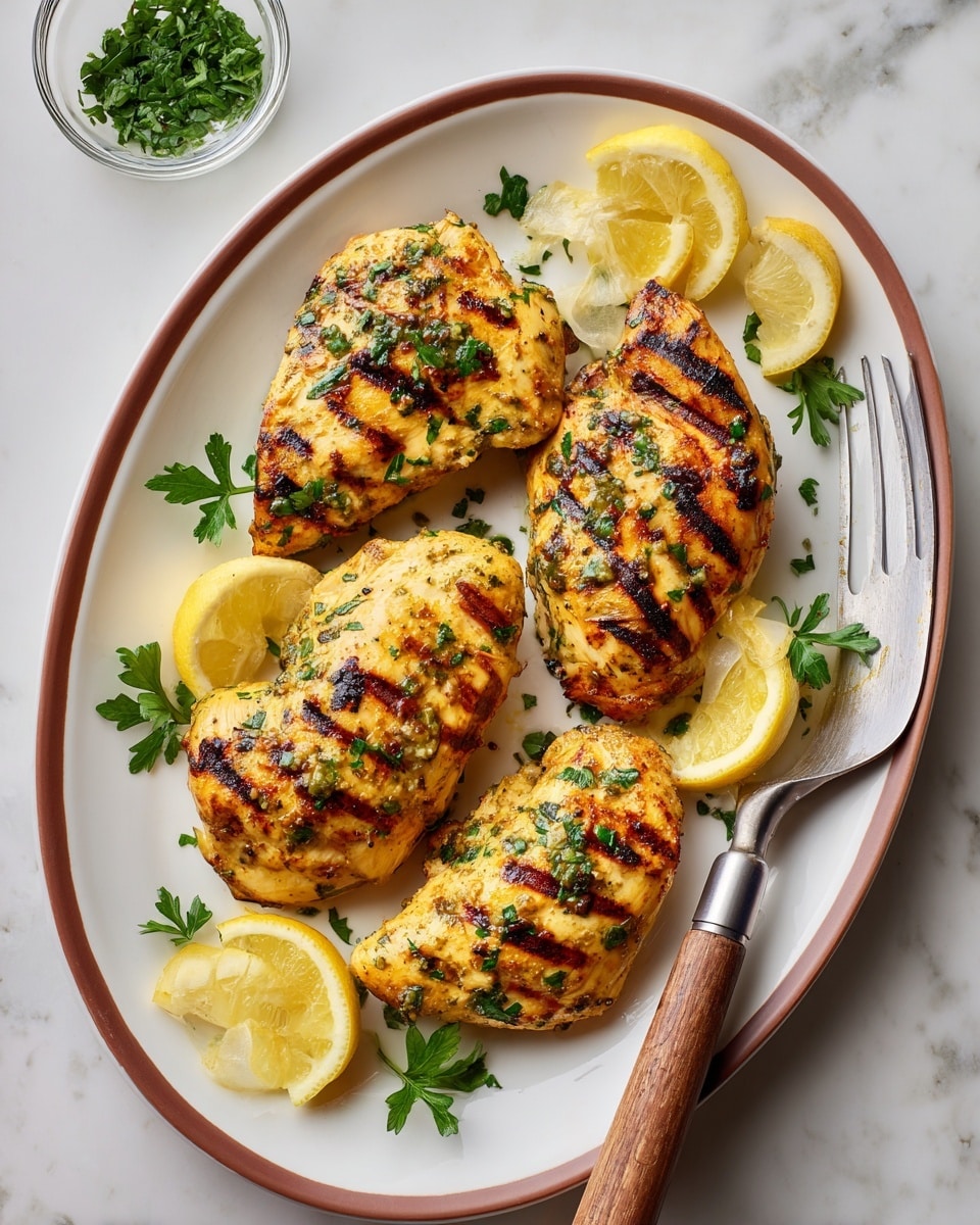 The dish shows four grilled chicken pieces with clear dark brown grill marks on their golden-yellow surface coated in green herbs, arranged on a white oval plate with a thin brown rim. Scattered fresh green parsley leaves are sprinkled on top of the chicken for a fresh look. Around the chicken, there are six lemon wedges with bright yellow peel and pale yellow interior, placed near edges and between chicken pieces. A sprig of parsley adds extra green color near the top left. A metal spatula with a wooden handle is partially placed on the right side of the plate. The plate rests on a white marbled surface with a small clear bowl of chopped green herbs sitting nearby. photo taken with an iphone --ar 4:5 --v 7