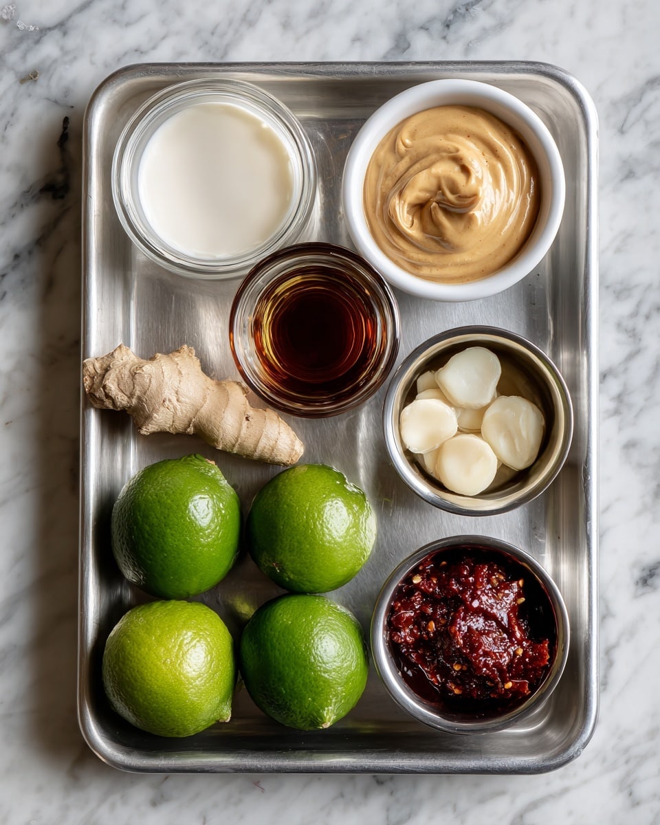 A metal tray holds seven small containers and ingredients arranged neatly. In the top left corner, a clear glass holds a thick white liquid. Next to it on the right is a white bowl filled with smooth, tan peanut butter spread evenly on top. Below the glass, a shorter clear glass contains a dark brown liquid. To its right are two small silver bowls, one holding a chunky, deep red sauce with visible chili pieces, and the other filled with five peeled garlic cloves. At the bottom left corner, two shiny green limes sit side by side with a piece of light brown ginger root beside them. The tray rests on a white marbled surface. photo taken with an iphone --ar 4:5 --v 7