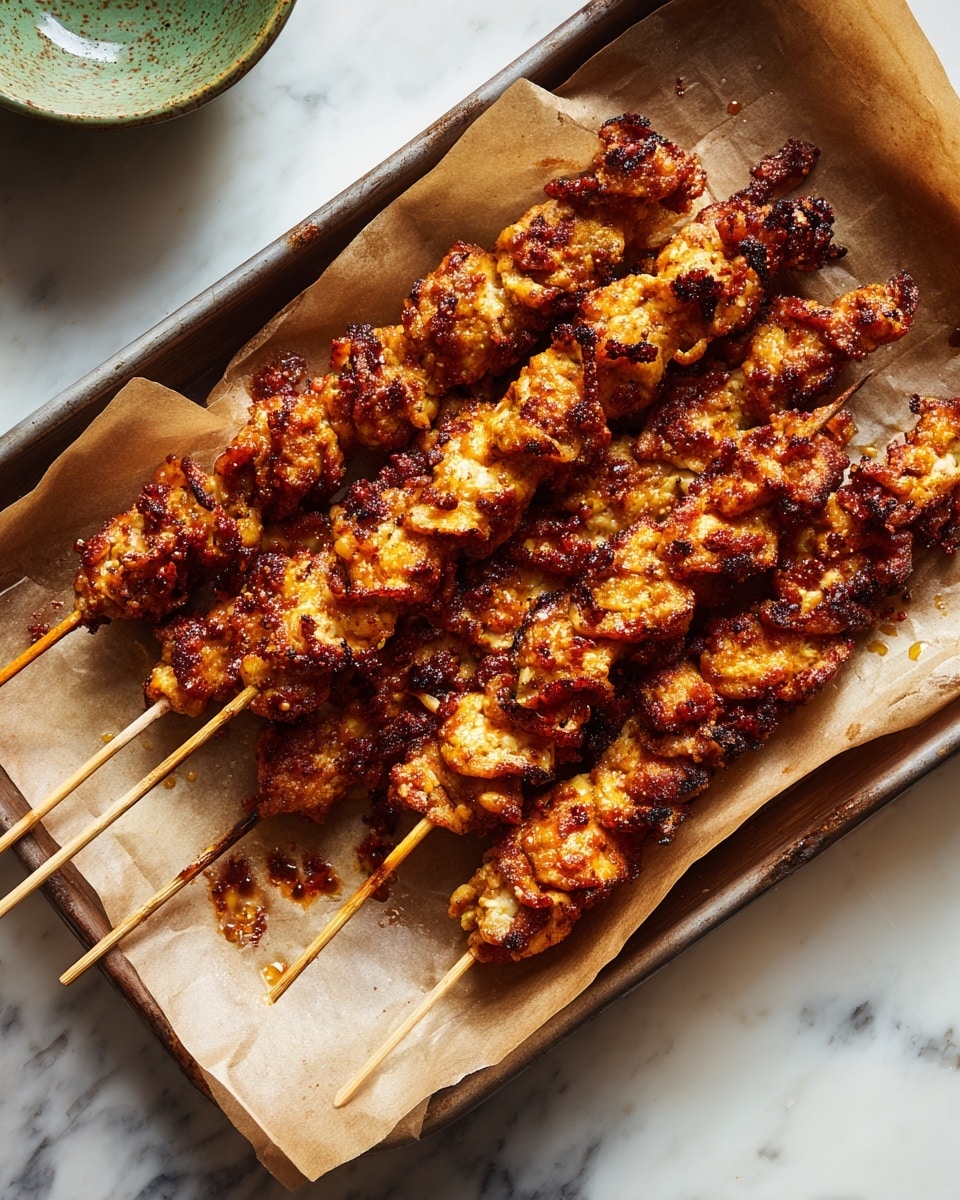 The image shows seven wooden skewers laid out horizontally on a baking tray lined with brown paper. Each skewer holds pieces of curly, textured meat that is golden brown with a slightly crispy surface, evenly spaced along their length. The skewers have a twisted, ribbon-like appearance, giving the meat a wavy shape with varied thickness. The baking tray sits on a white marbled surface, with a small greenish bowl partially visible on the left side of the image. The lighting highlights the rich golden tones and crispy texture of the meat. photo taken with an iphone --ar 4:5 --v 7