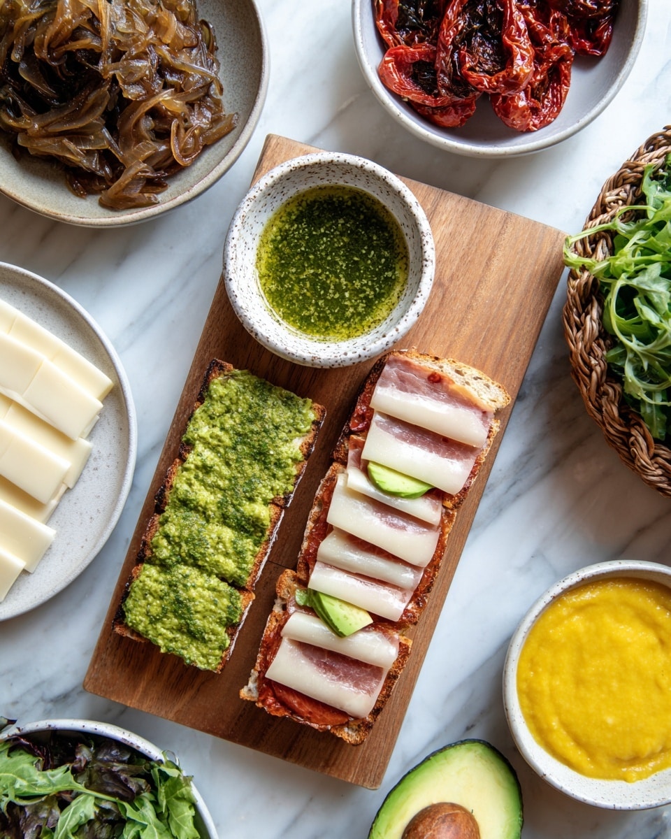 A wooden board sits on a white marbled surface, holding two open sandwich halves; the left slice is covered with a thick, textured green pesto spread, while the right slice has a base layer of red spread, topped with five thin, overlapping white deli meat slices and a small avocado slice peeking from underneath. Centered above the sandwiches is a small white speckled bowl filled with chunky green pesto oil. Around the board are various bowls and plates: to the top right, a white plate holds shiny, charred red roasted pepper halves; to the top left, a woven basket contains fresh dark green salad leaves; to the far left, a silver bowl with caramelized onions; to the bottom left, a white plate with neatly stacked white cheese slices; and to the bottom right, a white bowl holds a bright yellow smooth sauce, with a half avocado sitting beside it. The photo taken with an iphone --ar 4:5 --v 7