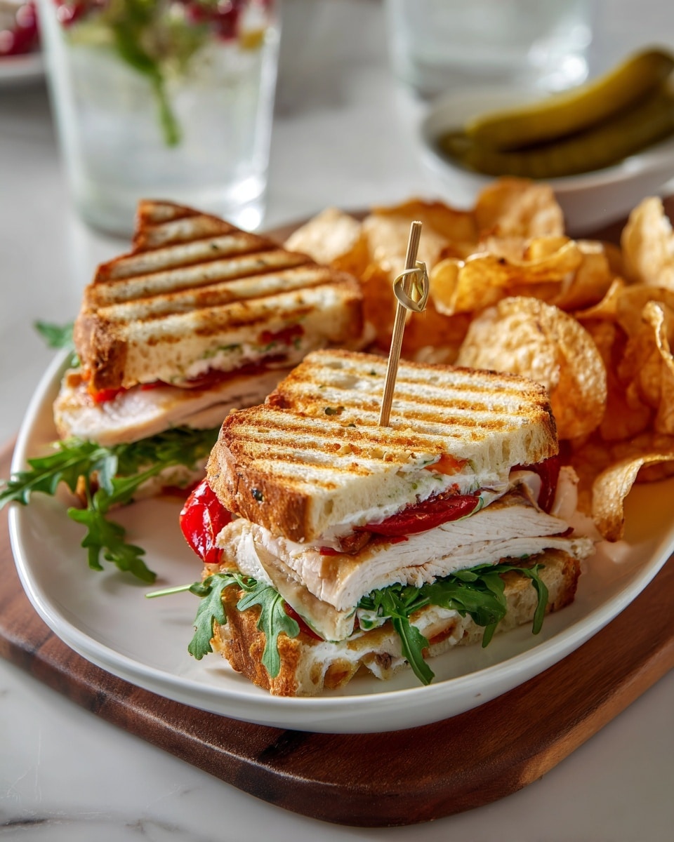 The image shows a white plate with two grilled sandwich halves, each with golden brown grill marks on the outside. Inside the sandwiches, layers include green arugula leaves, slices of light beige turkey or chicken, and red roasted pepper slices. The sandwiches are side by side with a small wooden skewer holding one half together. Next to the sandwiches on the plate are some crispy, slightly curled potato chips with a light brown texture. The plate sits on a wooden board on top of a white marbled surface, with a glass of water and a pickle visible in the background. Photo taken with an iphone --ar 4:5 --v 7