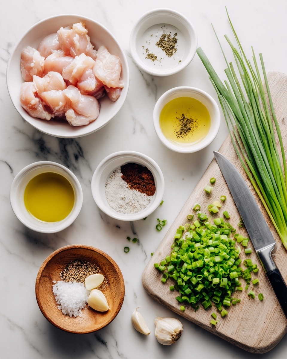 The image shows a collection of fresh cooking ingredients arranged on a white marbled surface: in a white bowl on the left are several light pink raw chicken pieces with a soft texture, next to a wooden cutting board with bright green sliced scallions scattered across it, and a silver knife resting to the right; surrounding them are five small bowls containing different ingredients – one white bowl with pale yellow oil, another white bowl with a light yellow liquid, a white bowl with a dark brown sauce, a small wooden bowl filled with finely chopped garlic, and another small wooden bowl with minced ginger; near the bottom left is a round wooden plate holding a small pile each of white powder, black pepper, white sesame seeds, and coarse salt; the whole setup is brightly lit, with a clean and fresh appearance, photo taken with an iphone --ar 4:5 --v 7