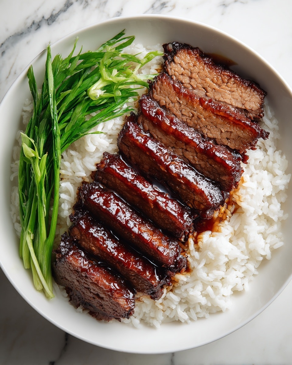 The image shows a white bowl filled with a bed of white rice. On top of the rice, there are several thick slices of brown glazed meat arranged in a row running down the center of the bowl, with a shiny sauce coating giving a smooth and slightly sticky texture to the meat. To the left side of the bowl, there is a small bunch of fresh green vegetables with long, slender stalks and a smooth texture. The bowl is set on a white marbled surface. photo taken with an iphone --ar 4:5 --v 7