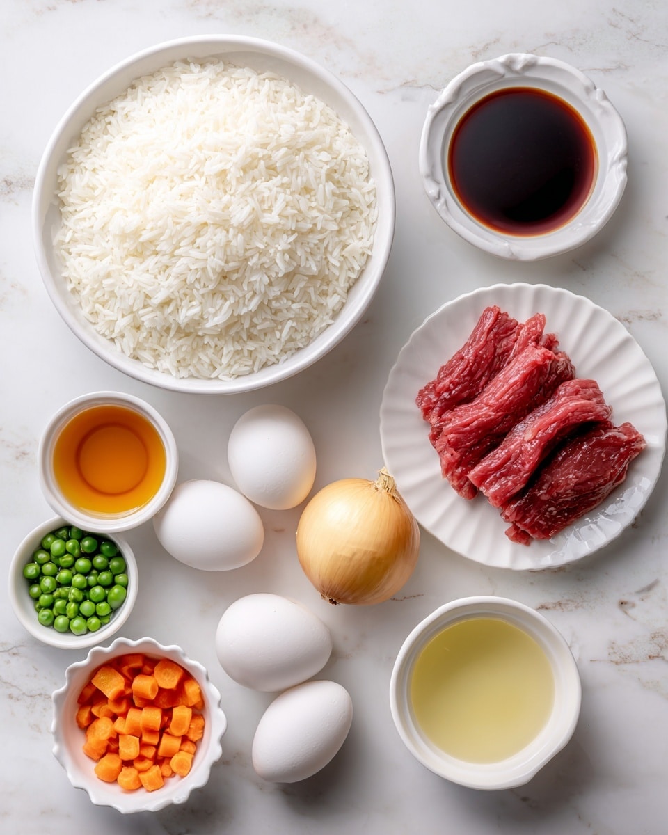 The image shows several ingredients arranged neatly on a white marbled surface. There is a large white bowl filled with white cooked rice filling most of the frame on the top left. Surrounding it are small white bowls containing dark soy sauce, a light amber liquid, and a dark reddish-brown sauce. To the right, there is a white plate holding thin strips of red raw beef. Near the center, an unpeeled yellow onion sits next to two whole white eggs. On the lower left, a white scalloped bowl holds a mix of green peas and small orange carrots. Another small white bowl contains a pale yellow liquid, likely oil or broth. The colors are bright and distinct, with the clean white dishes and marbled background highlighting the fresh ingredients. photo taken with an iphone --ar 4:5 --v 7