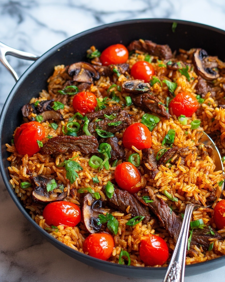 A black pan filled with cooked rice mixed with dark brown cooked beef strips and light brown mushroom slices. The rice is reddish-orange in color, spread evenly in the pan. Bright red cherry tomato halves are scattered on top, along with fresh green herbs and chopped green onions, adding a fresh look. A silver spoon rests inside the pan on the right side. The background is a white marbled surface. photo taken with an iphone --ar 4:5 --v 7