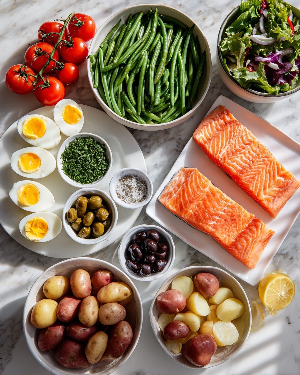 A white plate with two bright orange salmon fillets sits in the middle right of the image on a white marbled surface. At the center bottom, a white bowl holds a pile of small red and cream potatoes cut in halves. To the left of this bowl, a smaller white pan is filled with fresh green beans. In the center, a white round marble tray shows four groups of finely chopped green herbs arranged in sections. Above this tray, there are four small white bowls filled with black olives, green capers, pepper, and salt. On the top left, a white plate holds halved cherry tomatoes, lemon wedges, and halved boiled eggs with bright yellow yolks. A bunch of cherry tomatoes on the vine is placed to the bottom left. At the top right corner, a white bowl contains fresh mixed green salad leaves. The entire scene is lit with natural light and arranged neatly on the white marbled texture. photo taken with an iphone --ar 4:5 --v 7
