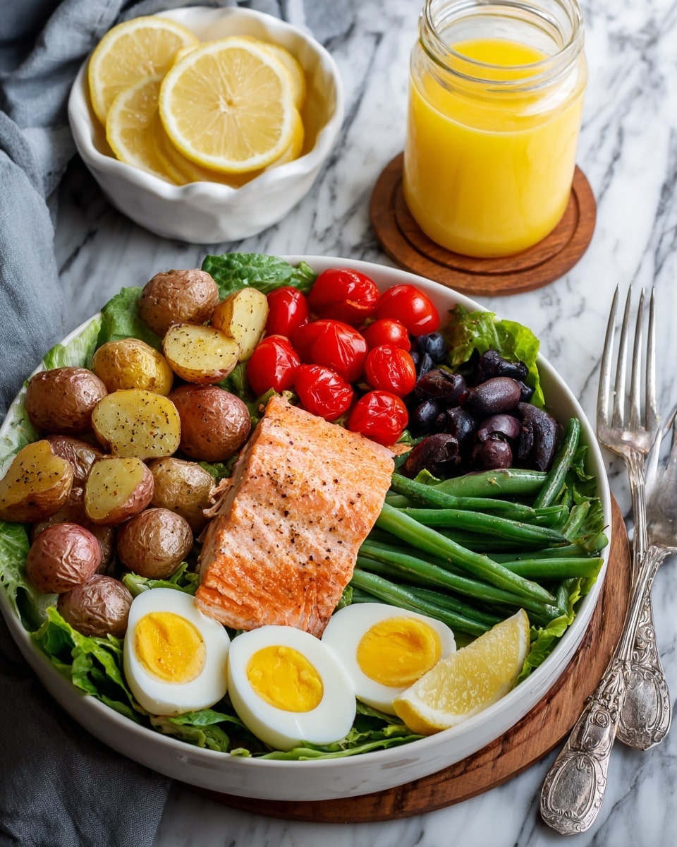 A white bowl filled with mixed green lettuce leaves forming the base layer. On top, there are sections of fresh, halved cherry tomatoes in red, small round roasted potatoes in a light brown color, black olives in a cluster, and green beans arranged neatly. In the center, a piece of cooked salmon with a pinkish-orange color sits on the greens. Two halves of a boiled egg with a bright yellow yolk and white edges are placed near the salmon. At the edge of the bowl, three thin slices of lemon add a yellow accent. The bowl rests on a white marbled surface, next to a small white bowl holding lemon slices on a wooden coaster and a glass jar with yellow-orange juice. A vintage silver fork leans on the right side of the bowl. photo taken with an iphone --ar 4:5 --v 7
