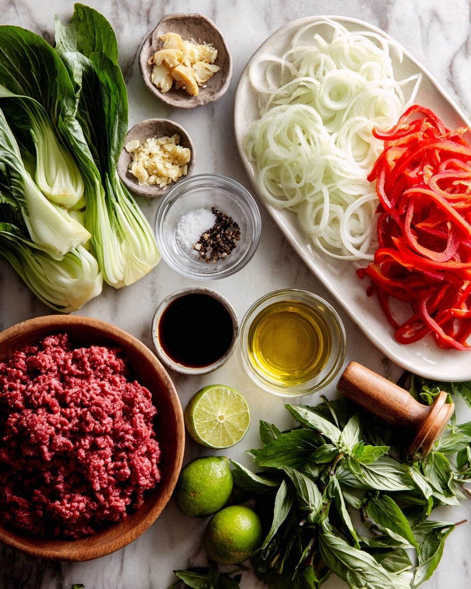 The image shows many cooking ingredients arranged on a white marbled surface. In the top right, a white oval plate holds two layers: sliced white onions on the left and long, thin strips of bright red bell pepper on the right. Near the center are small bowls with minced garlic and ginger, salt, and black pepper. A clear glass cup holds dark soy sauce and a glass jar is filled with light yellow oil. Fresh green leafy vegetables, including bok choy and basil, spread across the bottom and sides. A wooden bowl full of red ground meat is in the lower left corner. Lime halves and a wooden citrus juicer add a touch of green. The photo is taken with an iphone --ar 4:5 --v 7