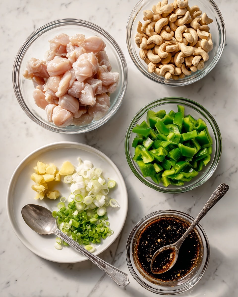 The image shows five bowls on a white marbled surface, each with different ingredients. In the center bottom, there is a clear glass bowl filled with pale pink small chicken pieces. Above it, in the middle top, is a clear glass bowl with light brown cashew nuts. To the right of the cashews, there is another clear glass bowl filled with bright green chopped bell peppers. Below the peppers, to the right of the raw chicken, is a clear glass bowl filled with dark brown sauce with some bubbles, and a metal spoon is resting inside. On the left side is a white plate divided into three parts: minced pale yellow ginger, sliced white garlic, and chopped green spring onions. photo taken with an iphone --ar 4:5 --v 7