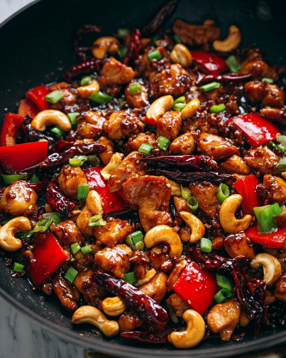 A close-up view of a stir-fry dish in a black pan showing pieces of browned chicken with a shiny, dark sauce coating. Among the chicken are glossy, light brown cashew nuts and sliced red bell peppers with a bright red, slightly soft texture. There are also small bits of green onion scattered through the dish, adding a fresh green contrast, and a few dark dried red chili peppers are visible. The mix looks hot and tasty with a mix of smooth, shiny, and slightly rough textures. The background is a white marbled texture photo taken with an iphone --ar 4:5 --v 7
