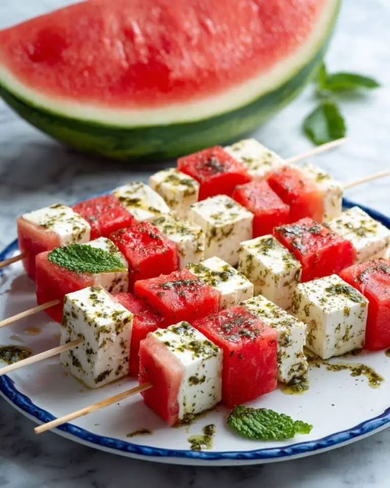 Take-Along Watermelon Skewers with Feta and Mint Pesto Recipe